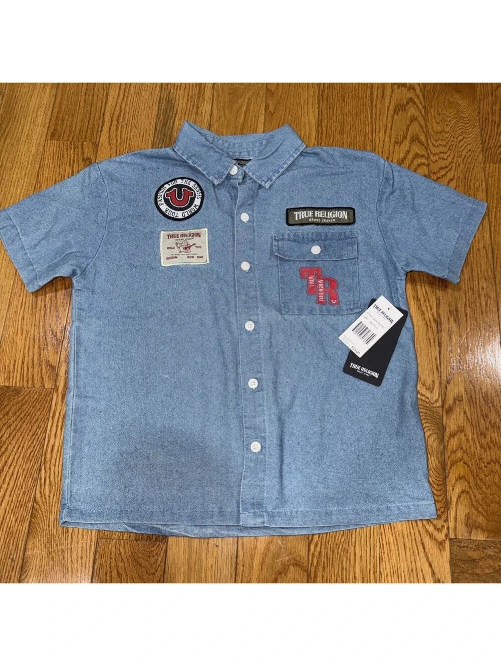 Size M (10/12 ) Boys True Religion Shirt Blue Chambray Denim Patch Button Up